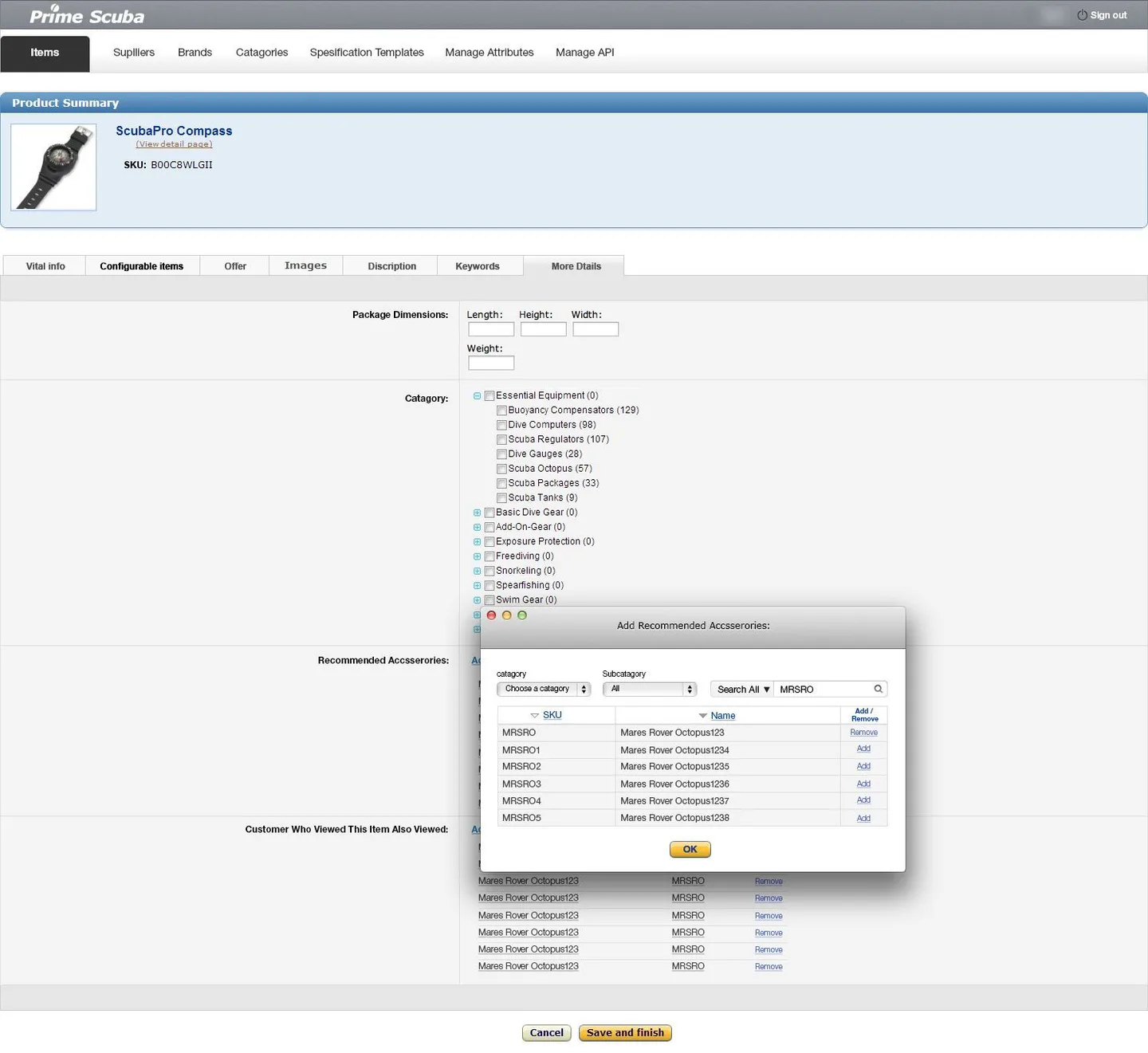 Design of the item editor: the more details tab with the category tree and the pop-up for adding recommended accessories