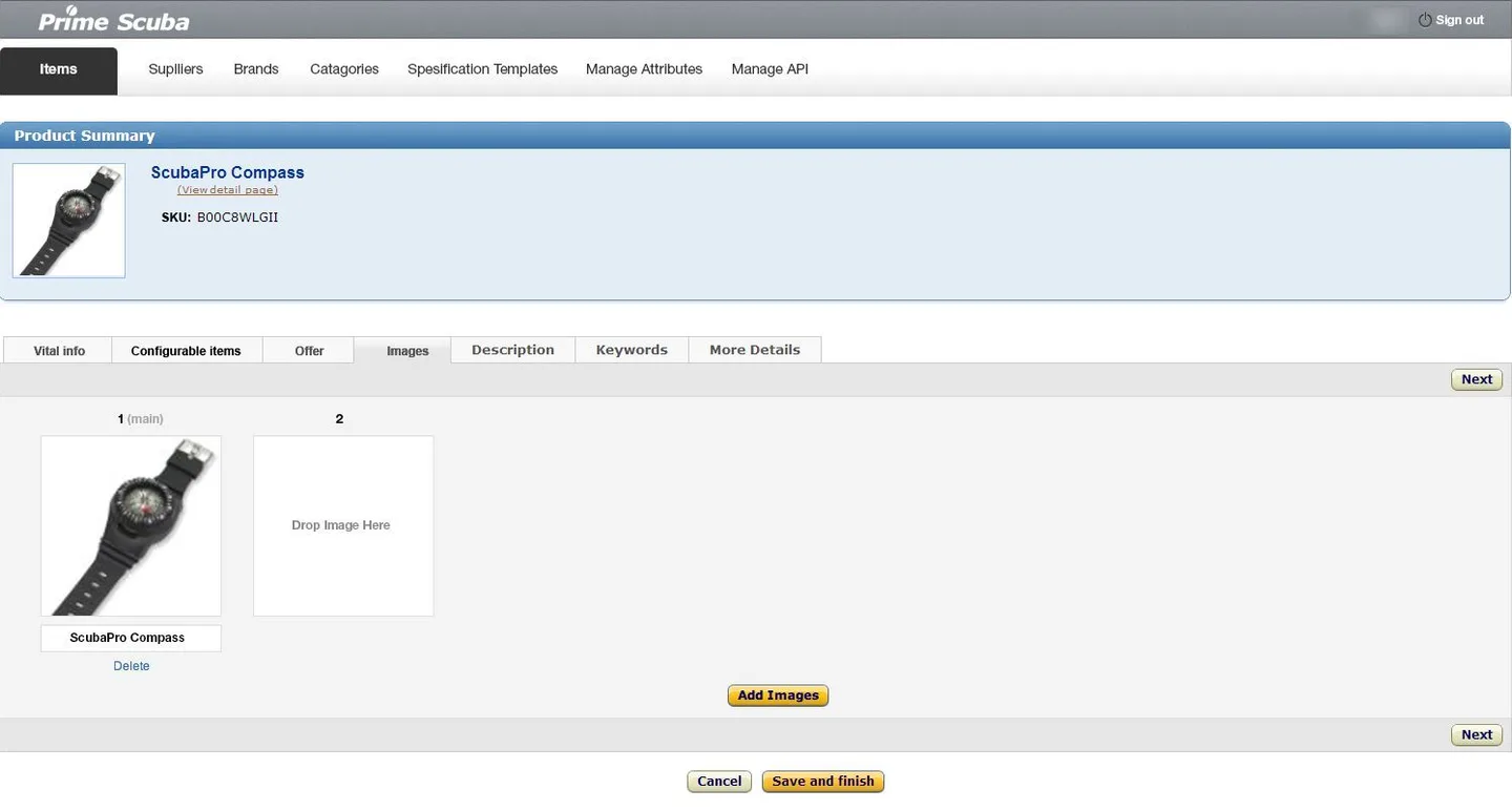 Design of the item editor: the images tab with a main image and a drag-and-drop area