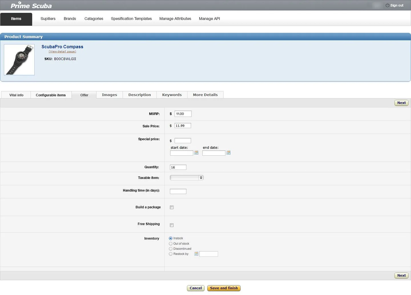 Design of the item editor: the offer tab with prices, special price dates, quantity, shipping and inventory options