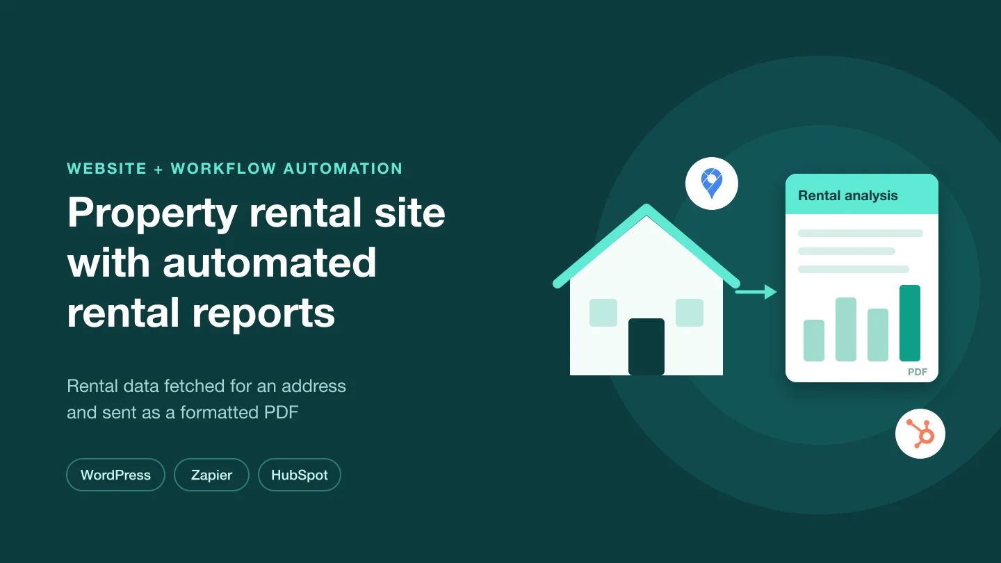 Banner with the title Property rental site with automated rental reports: a house and map pin turning into a rental analysis PDF, with HubSpot