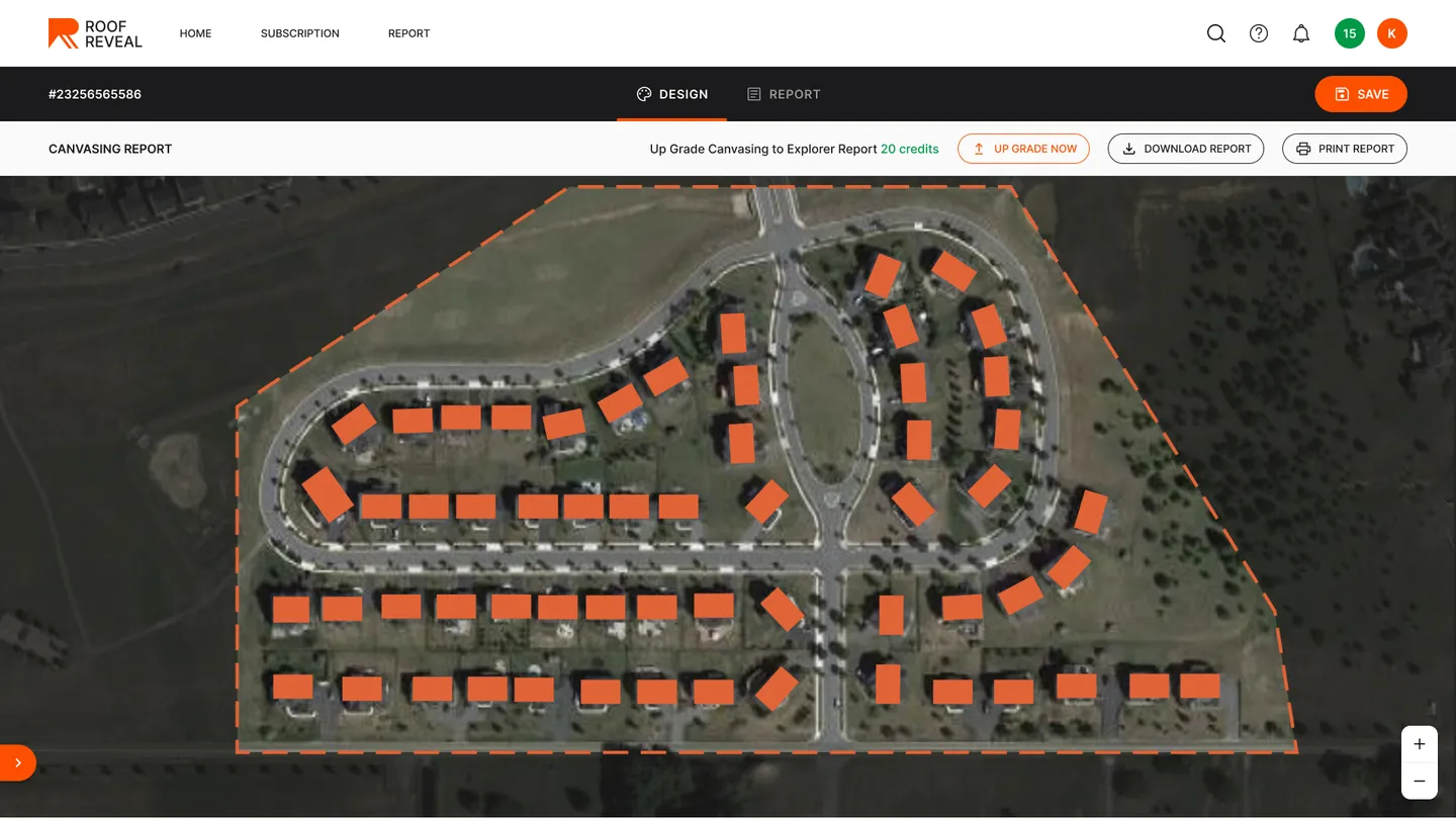 RoofReveal canvassing design: a satellite view of a housing development with detected roofs highlighted inside a drawn boundary