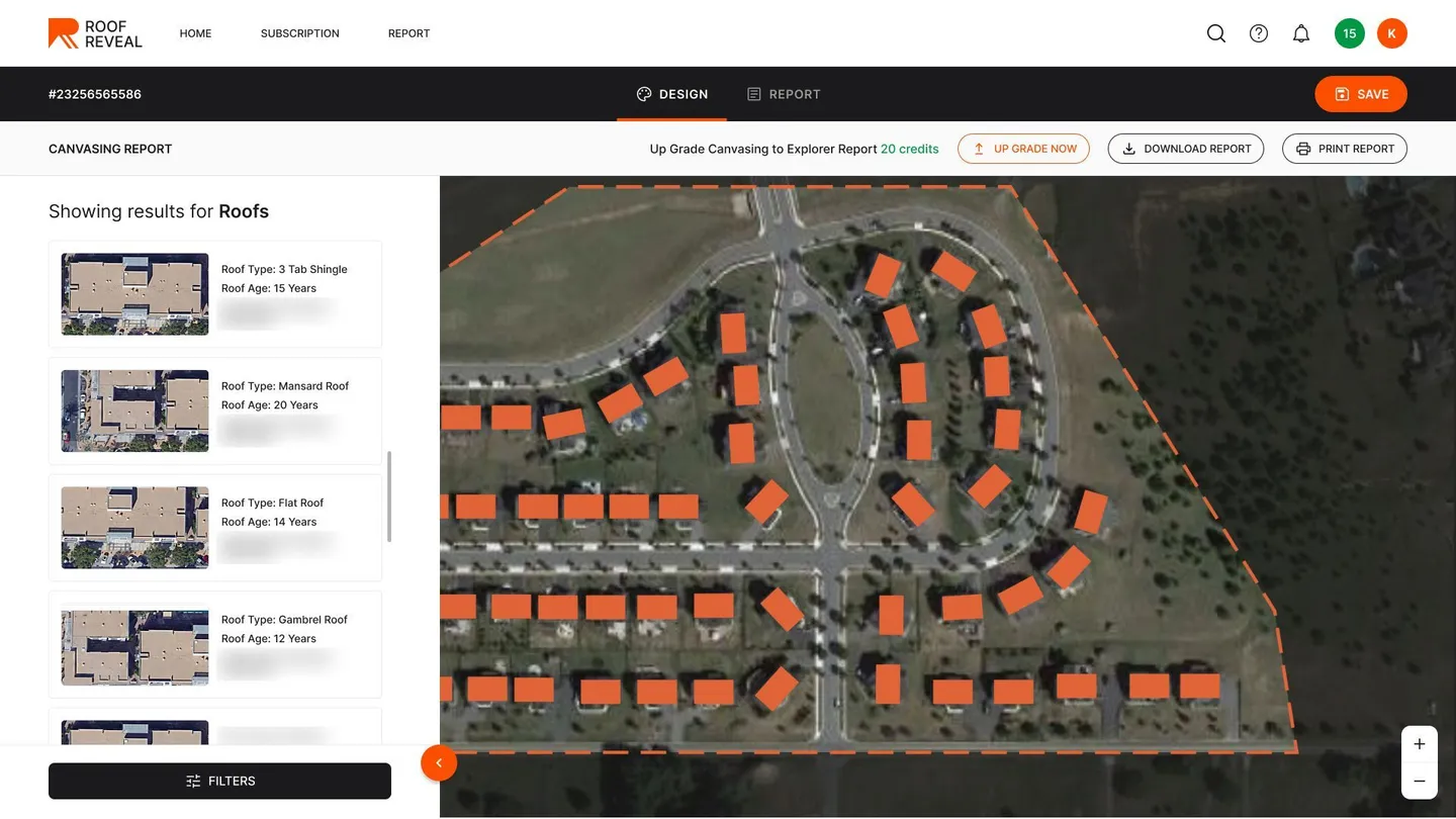 RoofReveal canvassing design with a results list of roofs showing type and age beside the highlighted satellite map