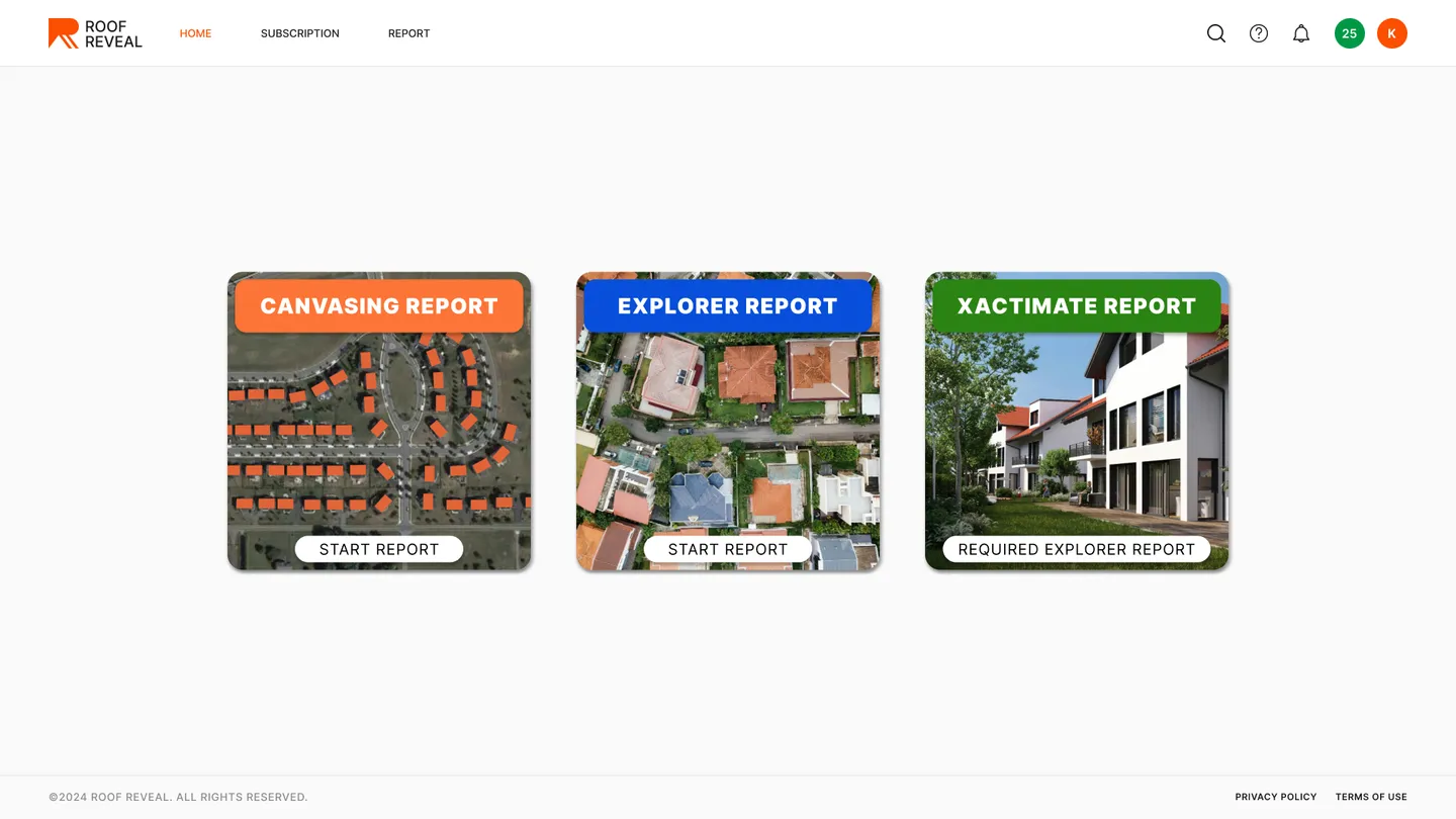 RoofReveal home screen design with three report tiers: Canvassing, Explorer and Xactimate, each over an aerial photo of roofs