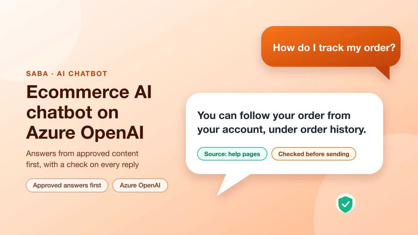 Banner with the title Ecommerce AI chatbot on Azure OpenAI: a customer question about tracking an order and an answer with a help-pages source and a checked-before-sending tag