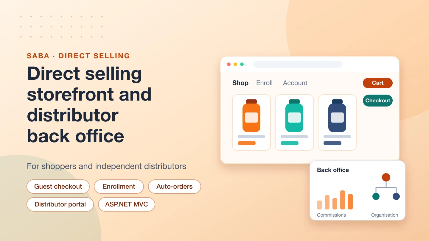 Banner with the title Direct selling storefront and distributor back office and a mock storefront with three product cards beside a back-office card with commission bars and an organisation tree
