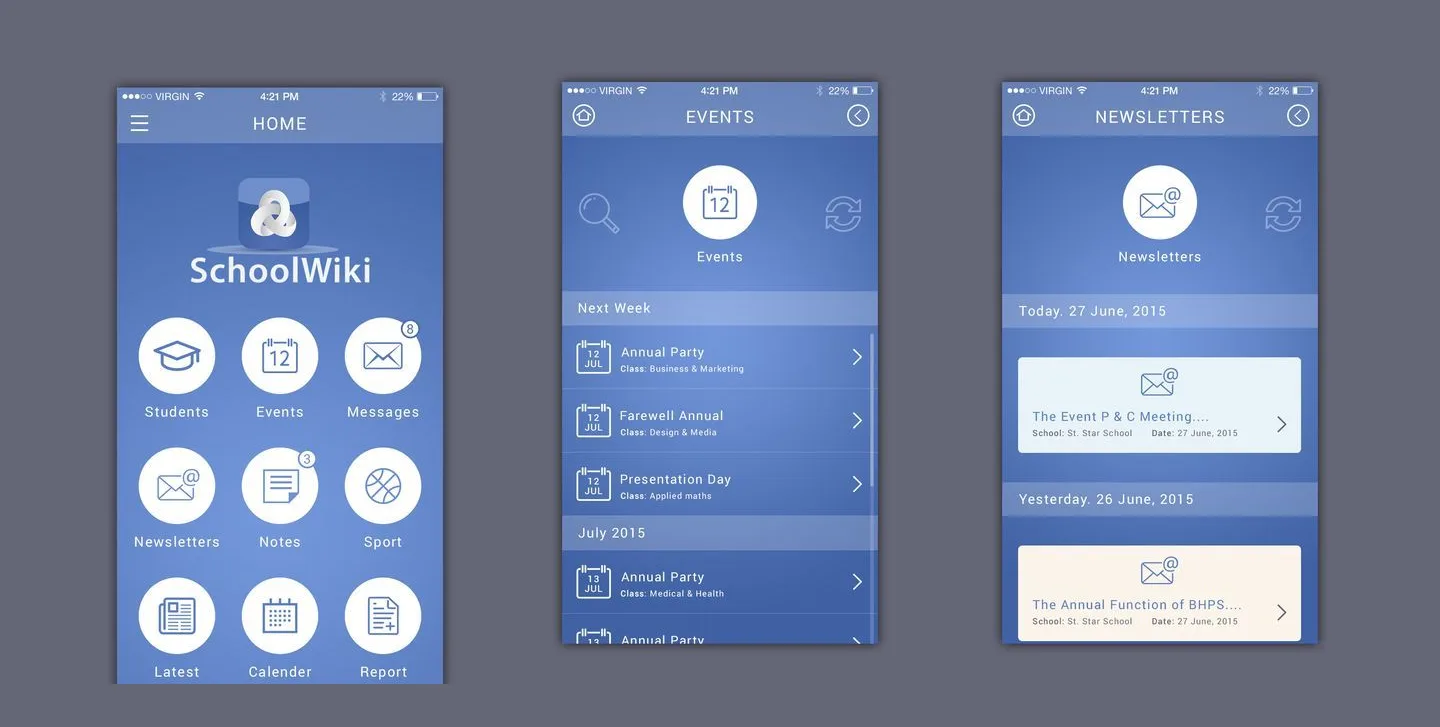 SchoolWiki app designs: the home menu, events and newsletters