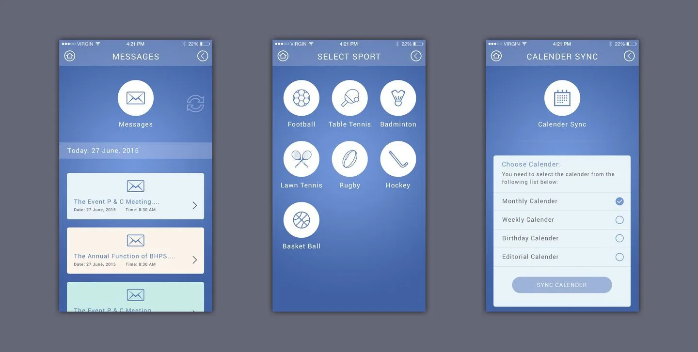 SchoolWiki app designs: messages, sport selection and calendar sync