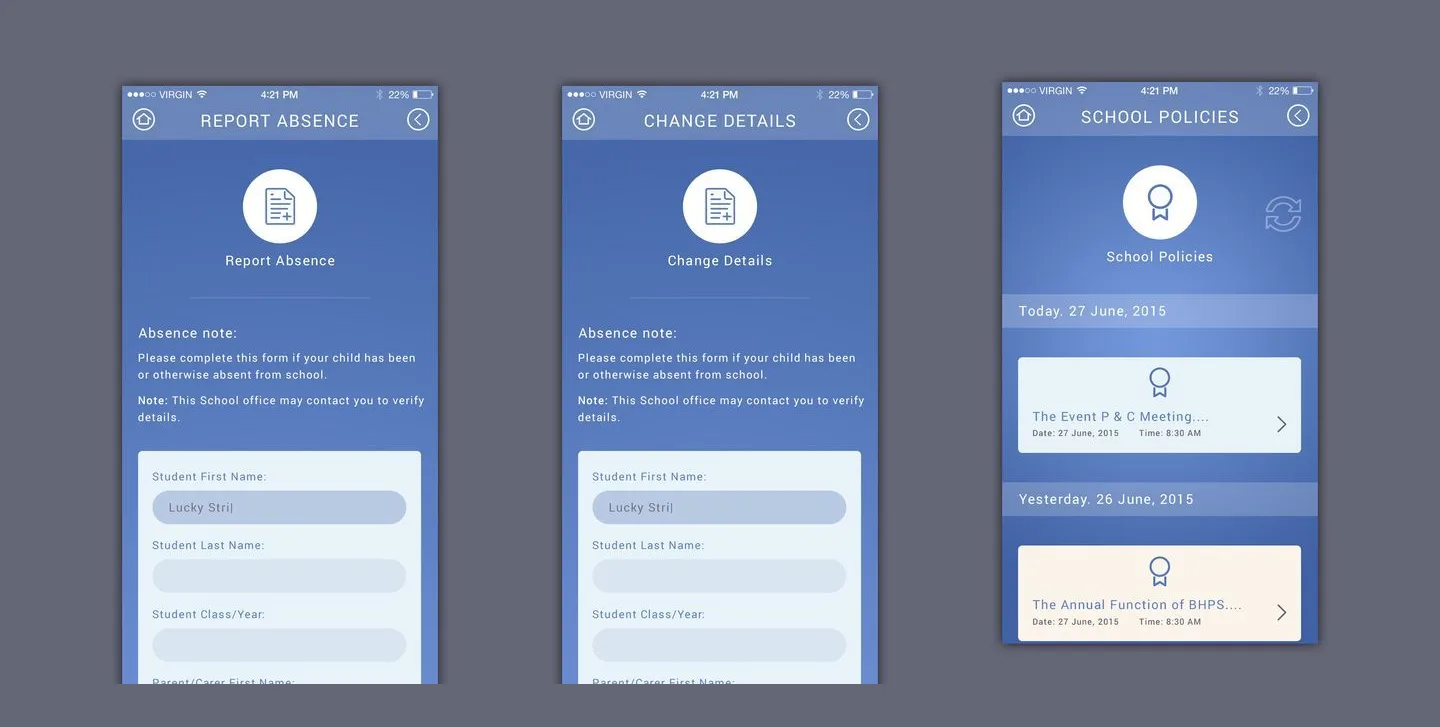 SchoolWiki app designs: report absence, change details and school policies