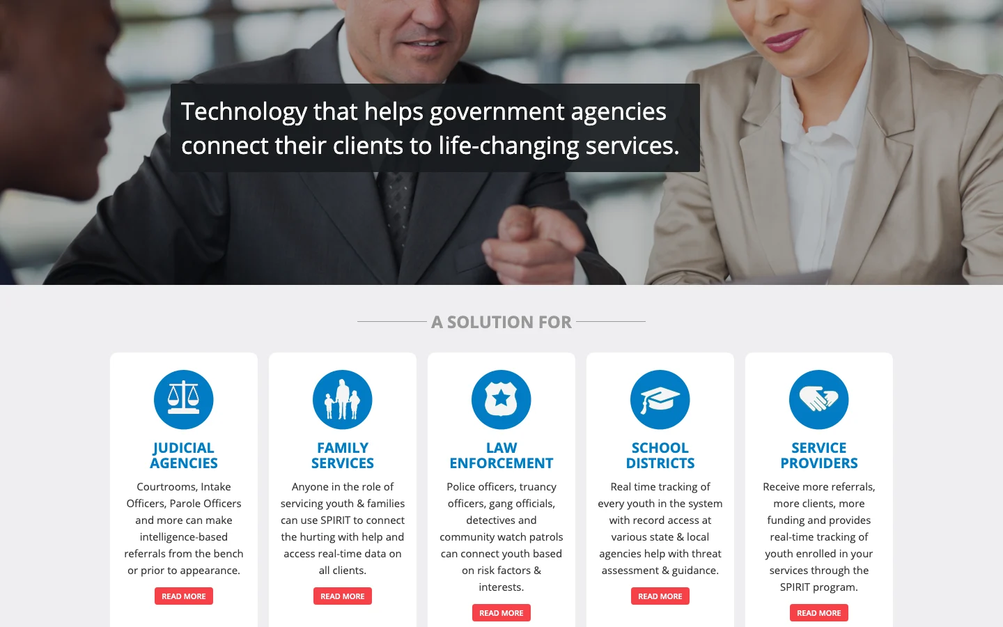 Public site of the youth referral platform: the tagline for government agencies and the five groups it serves (judicial agencies, family services, law enforcement, school districts, service providers)