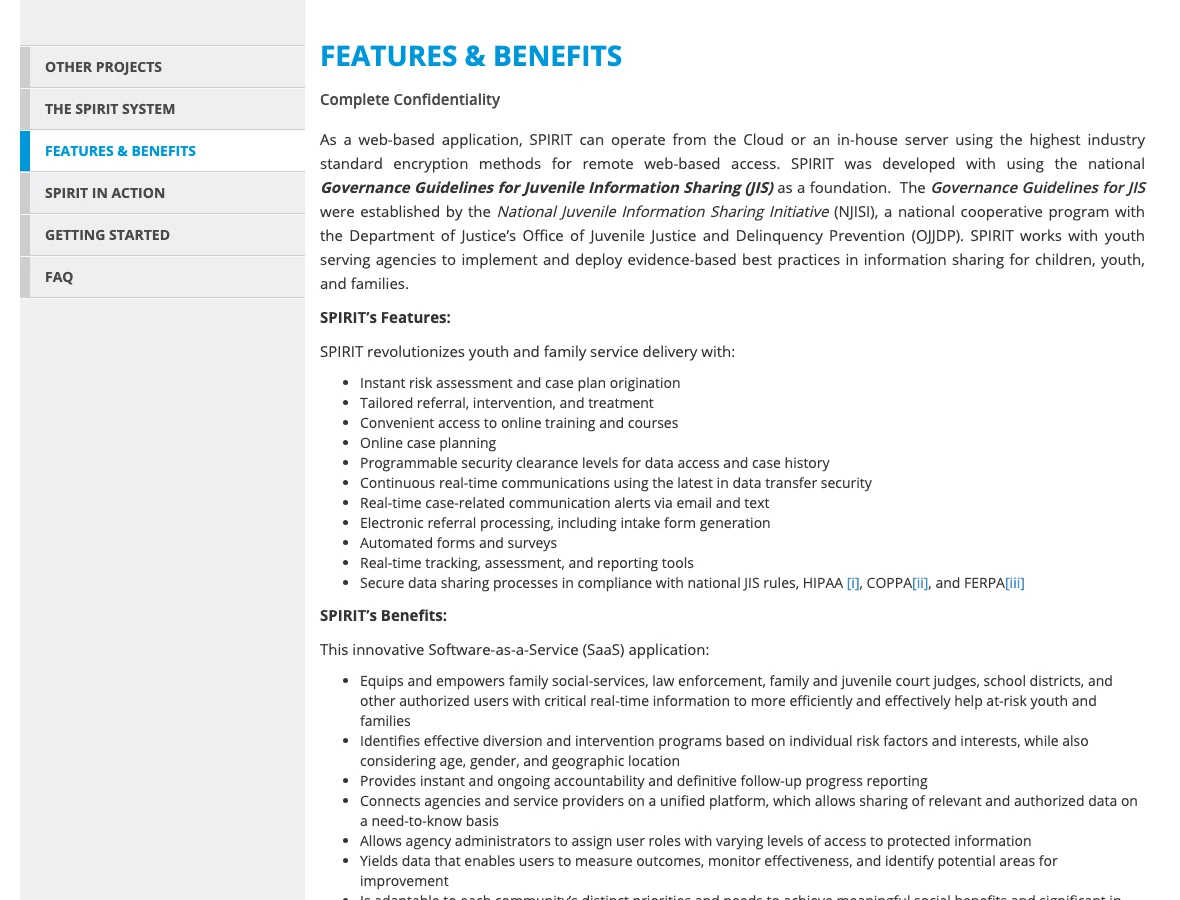 Features and benefits page: risk assessment, case planning, referral processing, automated forms and surveys, tracking and reporting