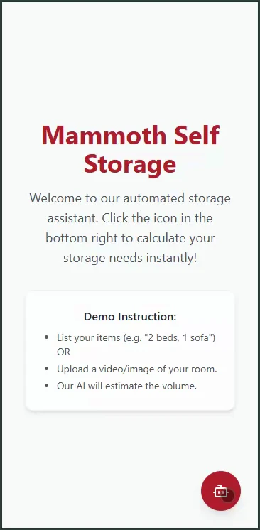 The Mammoth Self Storage welcome page that opens the storage assistant