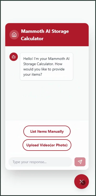 The chatbot greeting, asking whether to list items or upload a video or photo