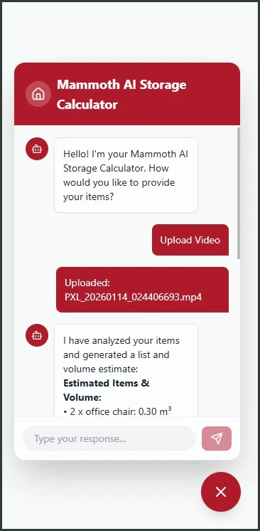 The chatbot's analysis of the uploaded video: items with their volumes
