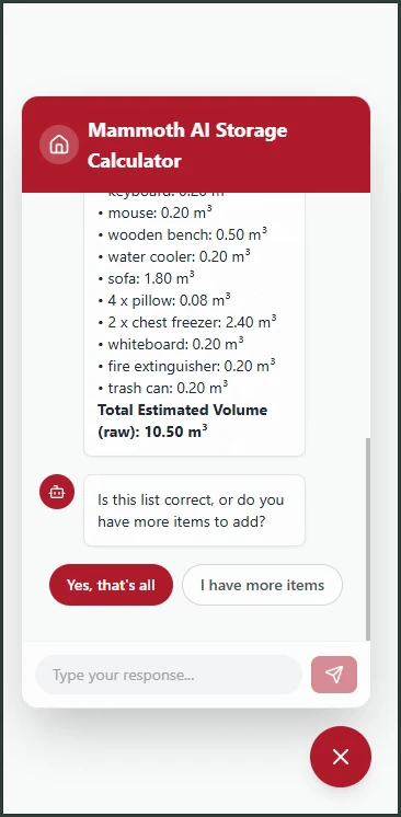 The estimated item list with its total volume and a prompt to confirm or add items