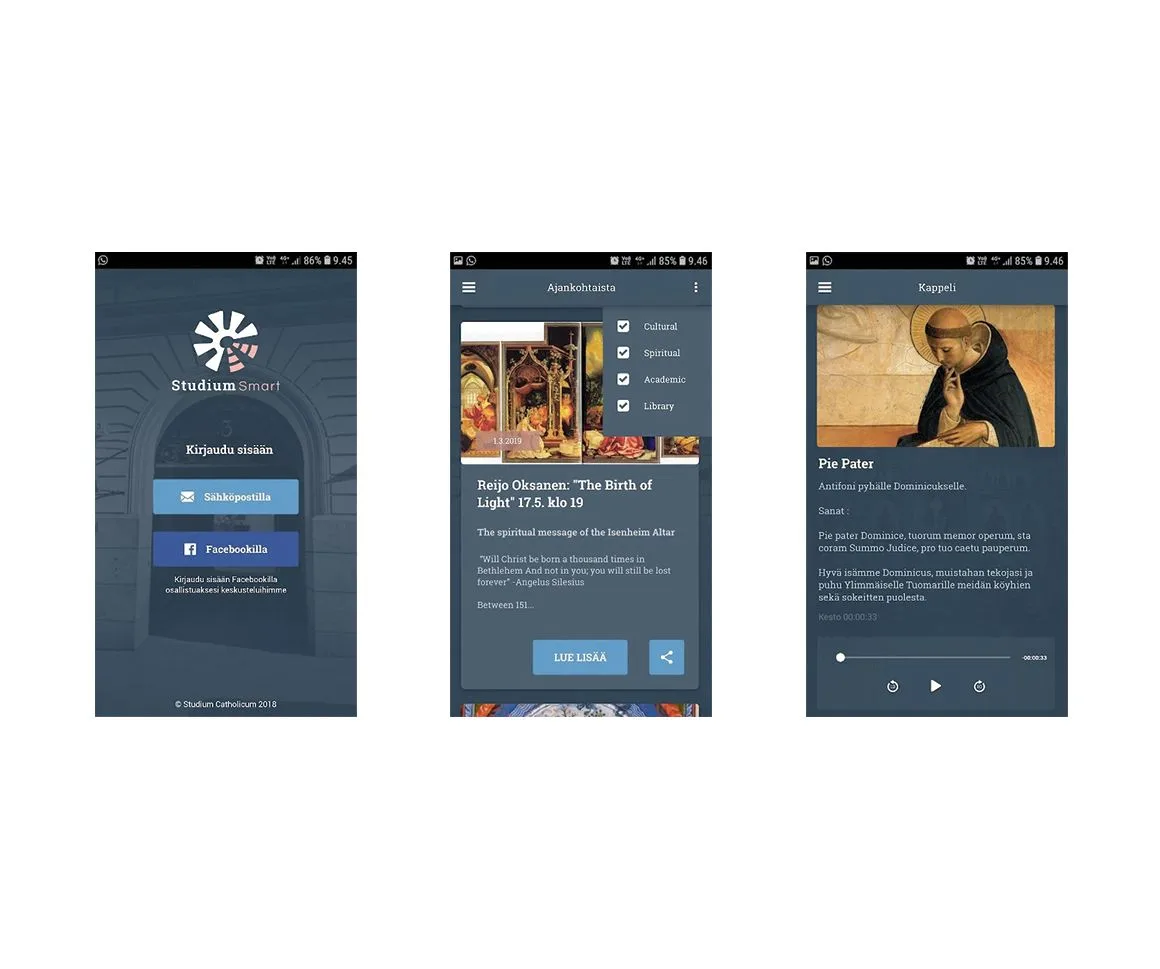 Studium Smart app screens: sign-in, event details with category filters and the audio player