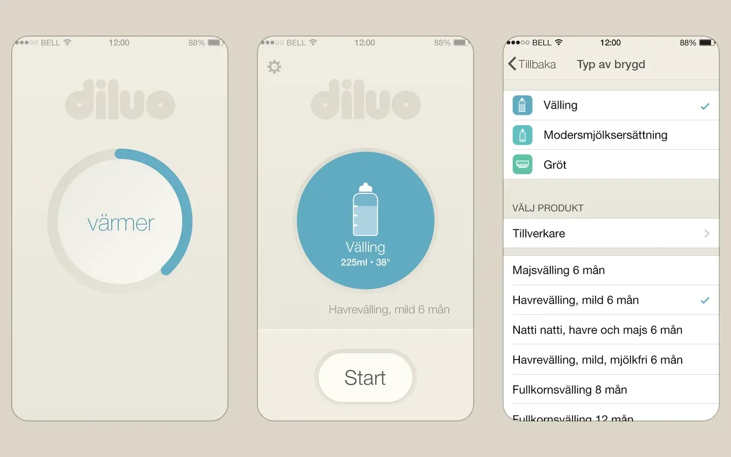 Three Diluo app screens: warming up, ready to brew, and brew-type settings