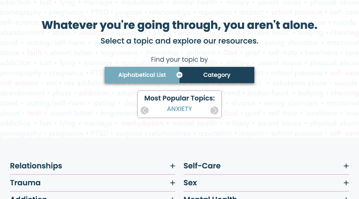 TheHopeLine topics page: choose a topic by alphabetical list or category, with the most popular topics