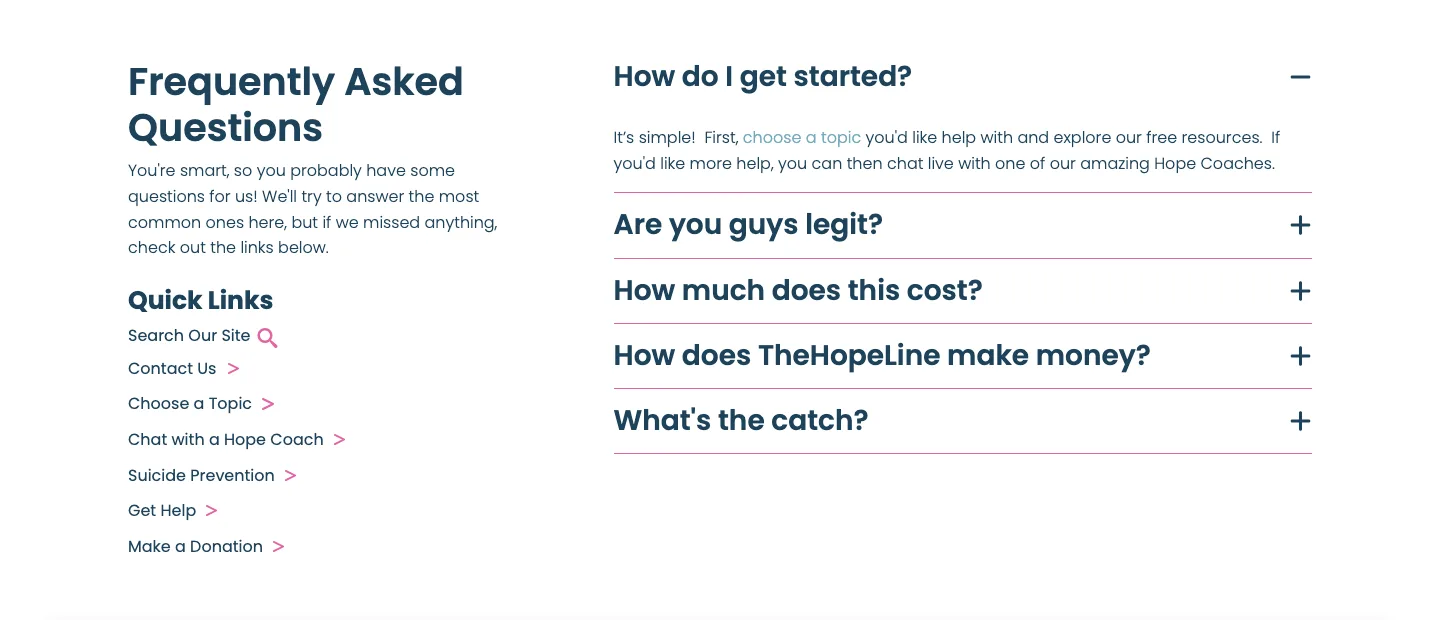 TheHopeLine frequently asked questions page with quick links
