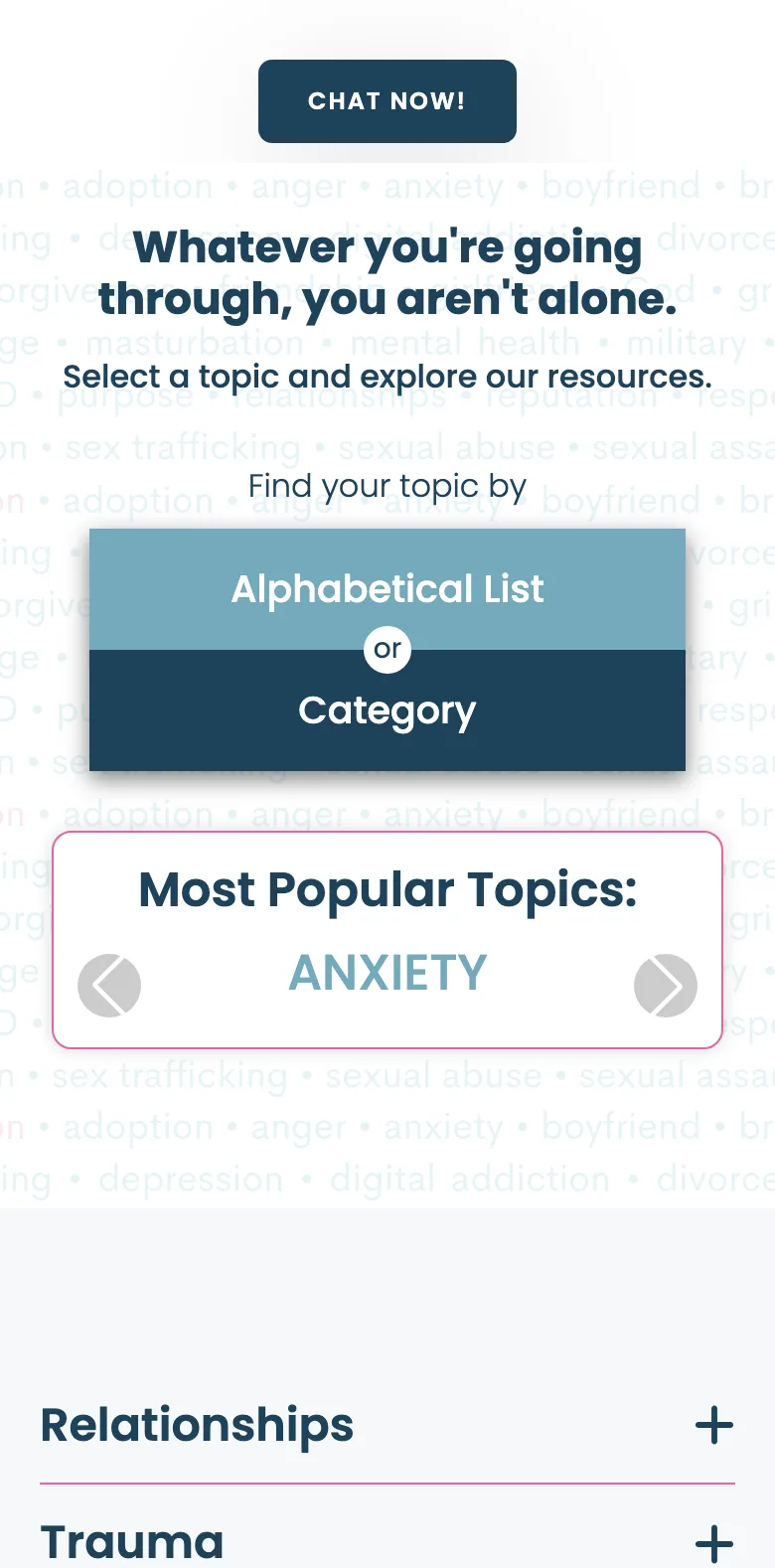 TheHopeLine topics page on a phone